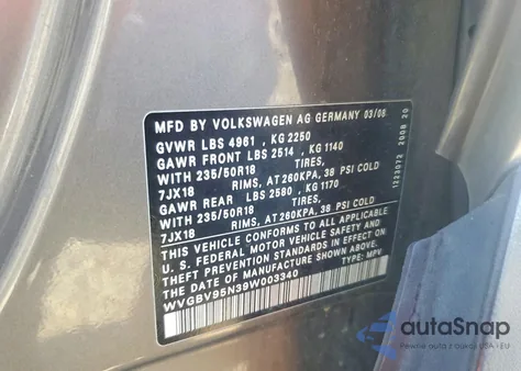 2009 Volkswagen Tiguan Se z USA, uszkodzony, nr VIN WVGBV95N39W003340